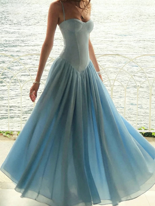 Soft Sky Blue A Line Sweetheart Spaghetti Straps Lace Up Back Floor Length Evening dress
