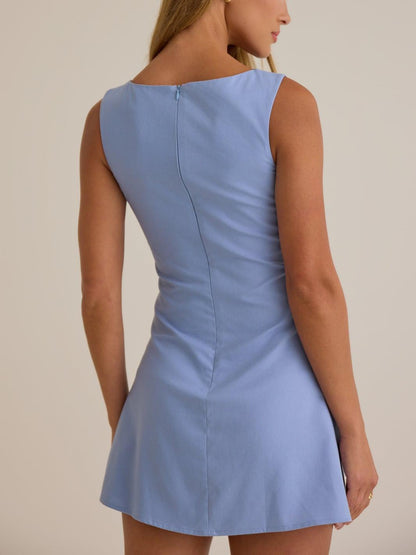 Soft Woven Sleeveless Asymmetrical Neck Side Ruched Button Detail A-Line Mini Homecoming Dresses