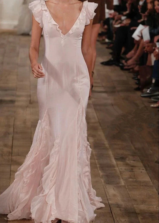 Soft Chiffon Mermaid With Sleeves Deep V-Neck Ruffled Cap Sleeves Low V-Back Floor-Length Prom Dresses