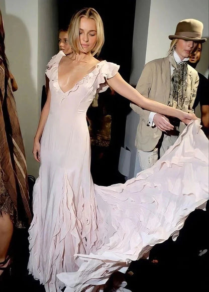 Soft Chiffon Mermaid With Sleeves Deep V-Neck Ruffled Cap Sleeves Low V-Back Floor-Length Prom Dresses