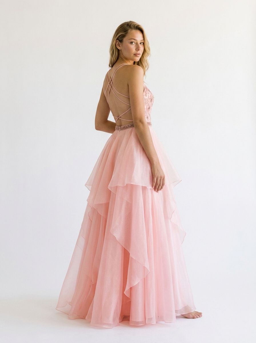 Soft blush pink ruffled organza Aline Vneck spaghetti strap crisscross open back floor length Prom Dress