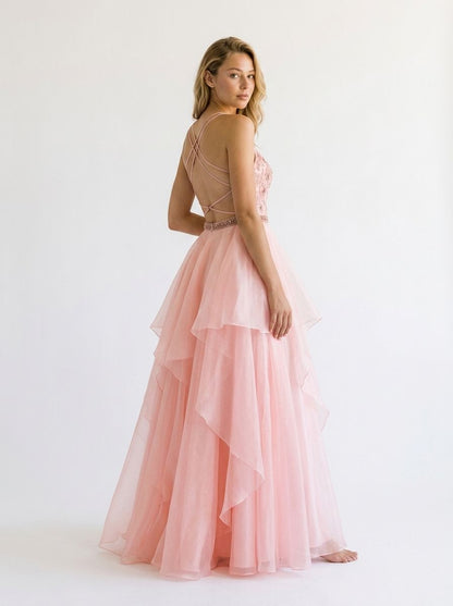 Soft blush pink ruffled organza Aline Vneck spaghetti strap crisscross open back floor length Prom Dress