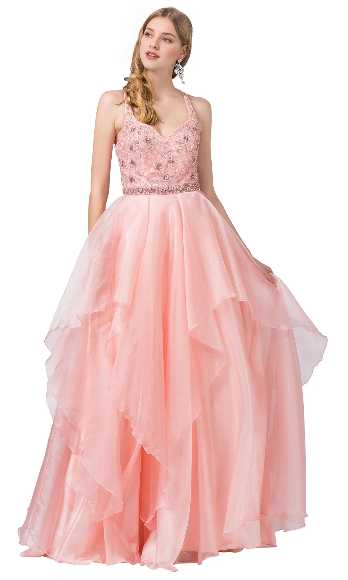 Soft blush pink ruffled organza Aline Vneck spaghetti strap crisscross open back floor length Prom Dress