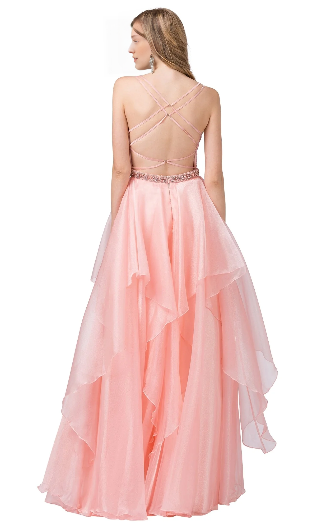 Soft blush pink ruffled organza Aline Vneck spaghetti strap crisscross open back floor length Prom Dress