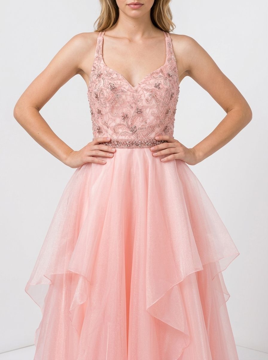 Soft blush pink ruffled organza Aline Vneck spaghetti strap crisscross open back floor length Prom Dress