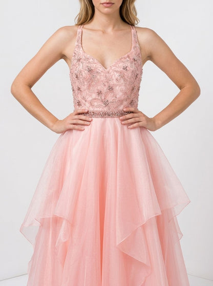Soft blush pink ruffled organza Aline Vneck spaghetti strap crisscross open back floor length Prom Dress