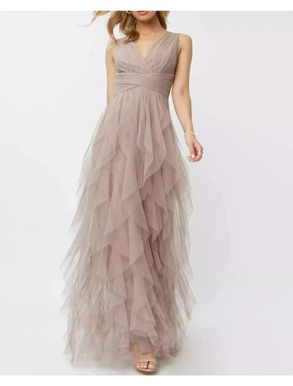 Soft dusty mauve flowy Aline Vneck sleeveless Vback tiered tulle floor length bridesmaid wedding guest gown