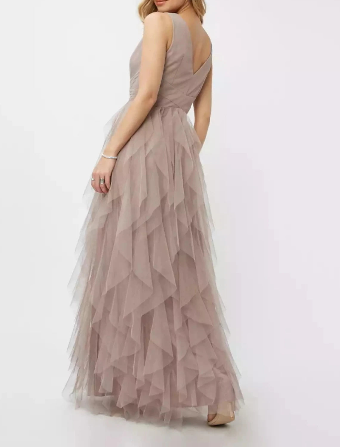 Soft dusty mauve flowy Aline Vneck sleeveless Vback tiered tulle floor length bridesmaid wedding guest gown