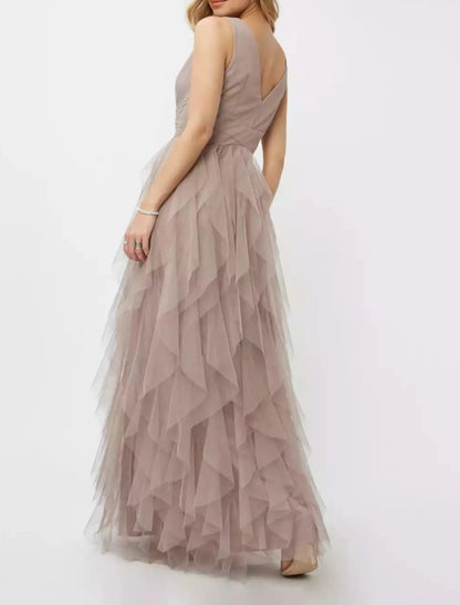 Soft dusty mauve flowy Aline Vneck sleeveless Vback tiered tulle floor length bridesmaid wedding guest gown