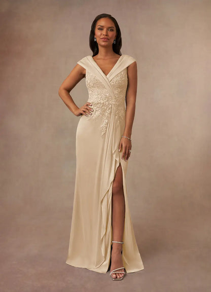 Sophisticated A-Line V-Neck 3/4 Sleeve Lace Floor Length Mother of the Bride Dress