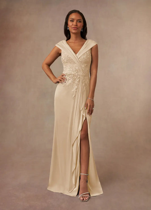 Sophisticated A-Line V-Neck 3/4 Sleeve Lace Floor Length Mother of the Bride Dress
