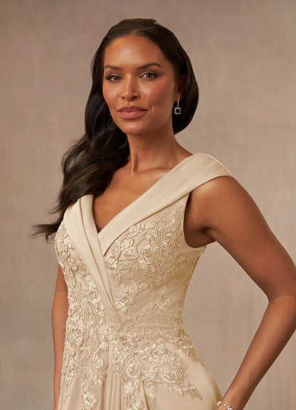 Sophisticated A-Line V-Neck 3/4 Sleeve Lace Floor Length Mother of the Bride Dress