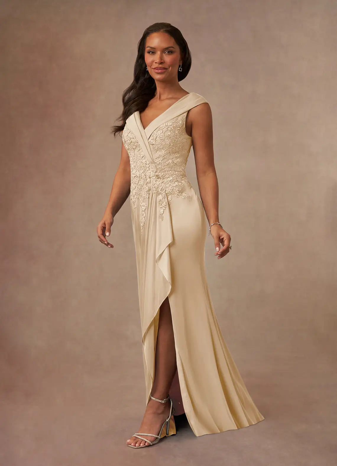Sophisticated A-Line V-Neck 3/4 Sleeve Lace Floor Length Mother of the Bride Dress