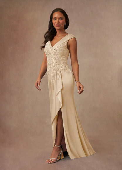 Sophisticated A-Line V-Neck 3/4 Sleeve Lace Floor Length Mother of the Bride Dress