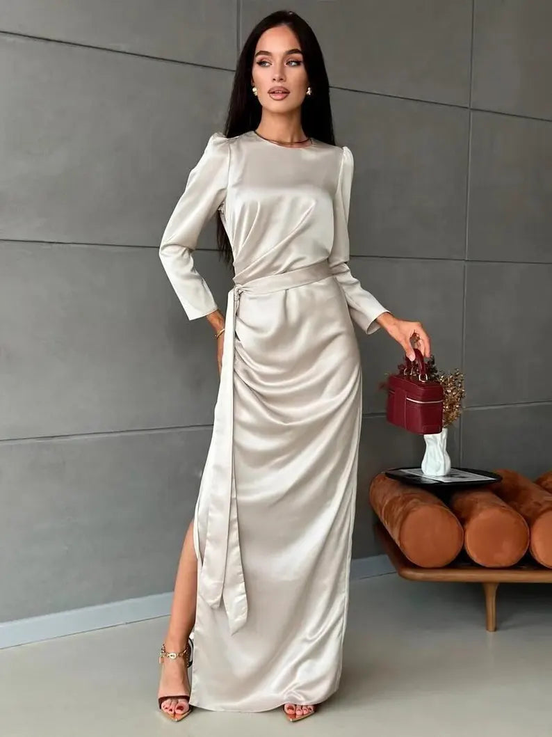 Sophisticated Champagne Satin Evening Dresses with Round Neck, Puff Shoulders, Self-Tie Belt, High Slit and Flowing Maxi Silhouette Formal Gown