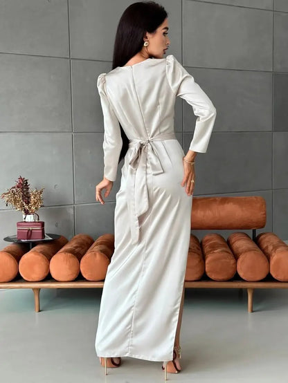 Sophisticated Champagne Satin Evening Dresses with Round Neck, Puff Shoulders, Self-Tie Belt, High Slit and Flowing Maxi Silhouette Formal Gown