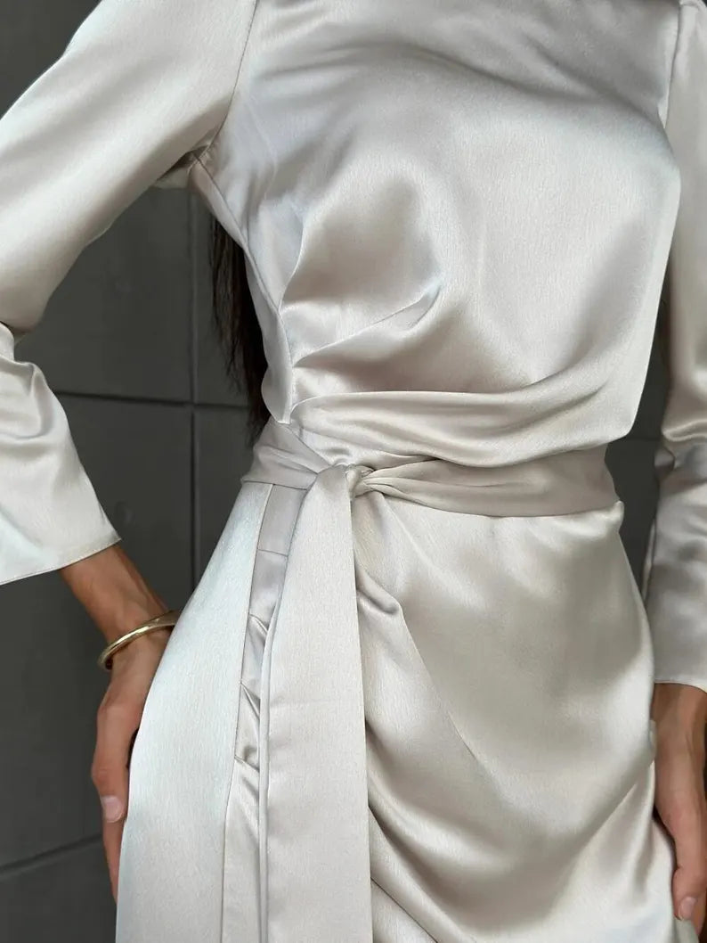Sophisticated Champagne Satin Evening Dresses with Round Neck, Puff Shoulders, Self-Tie Belt, High Slit and Flowing Maxi Silhouette Formal Gown