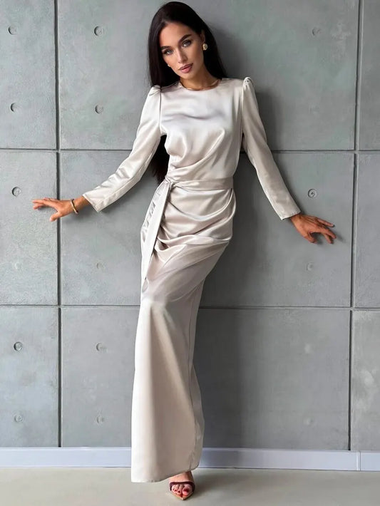 Sophisticated Champagne Satin Evening Dresses with Round Neck, Puff Shoulders, Self-Tie Belt, High Slit and Flowing Maxi Silhouette Formal Gown
