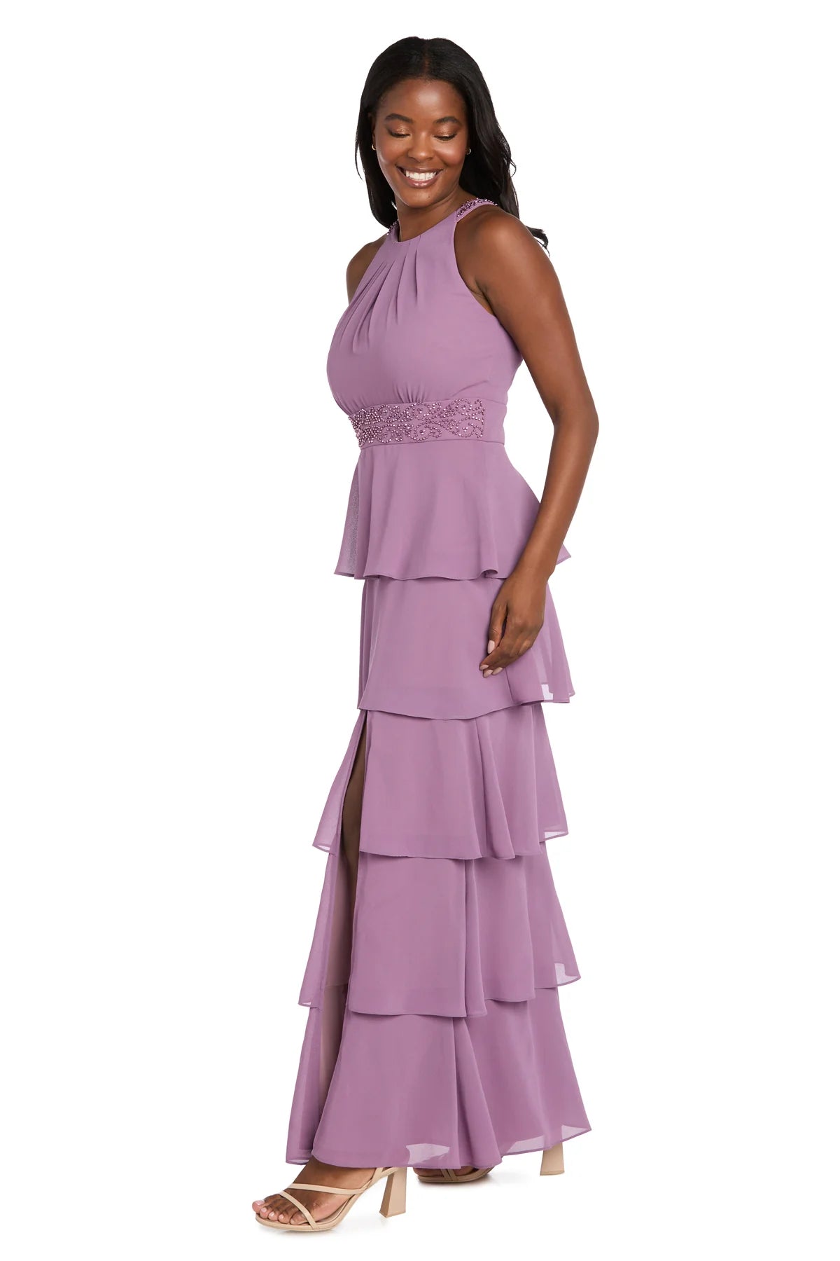 Sophisticated Chiffon Halter Beaded Waist Tiered Ruffle Maxi Evening Dresses