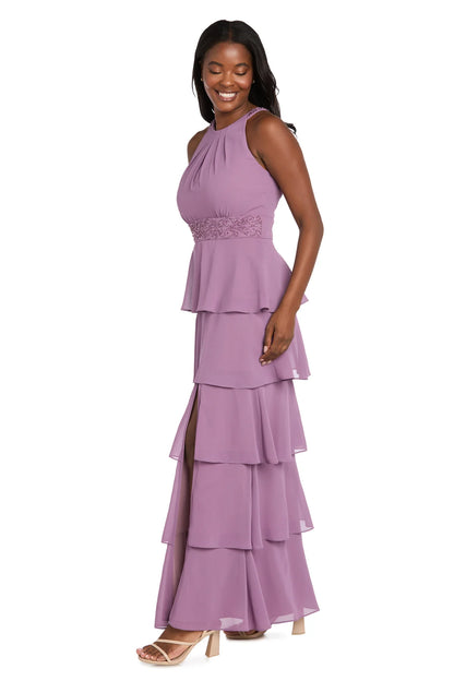 Sophisticated Chiffon Halter Beaded Waist Tiered Ruffle Maxi Evening Dresses