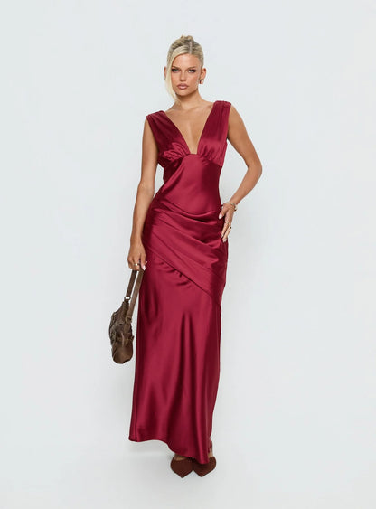 Sophisticated Form-Fitting Deep V-Neck Sleeveless Open Back Ruched Maxi Evening Dress