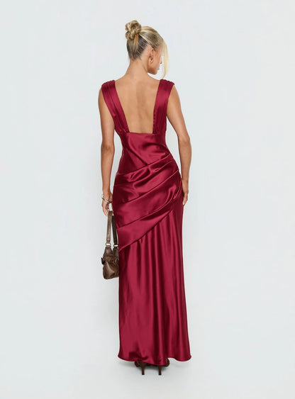 Sophisticated Form-Fitting Deep V-Neck Sleeveless Open Back Ruched Maxi Evening Dress