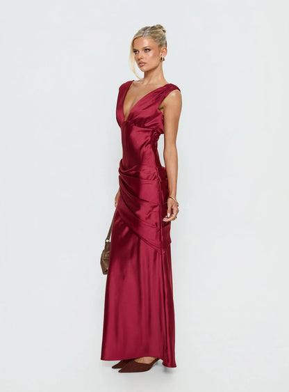Sophisticated Form-Fitting Deep V-Neck Sleeveless Open Back Ruched Maxi Evening Dress