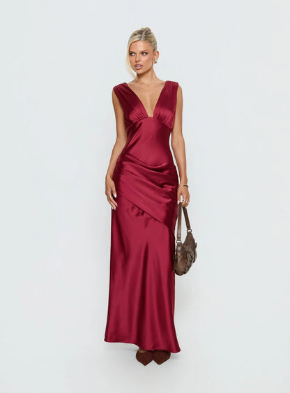 Sophisticated Form-Fitting Deep V-Neck Sleeveless Open Back Ruched Maxi Evening Dress