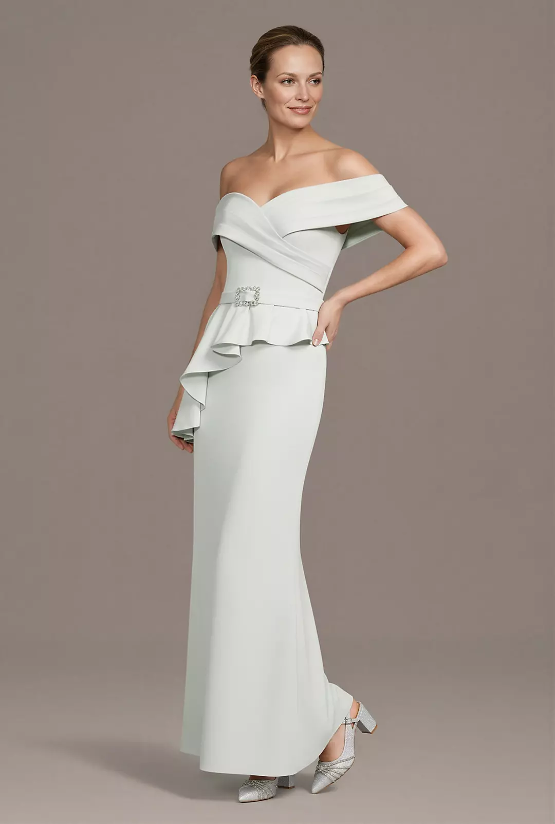 Sophisticated Off-the-Shoulder Mother of the Bride Dress with Ruffle Peplum and Rhinestone Belt