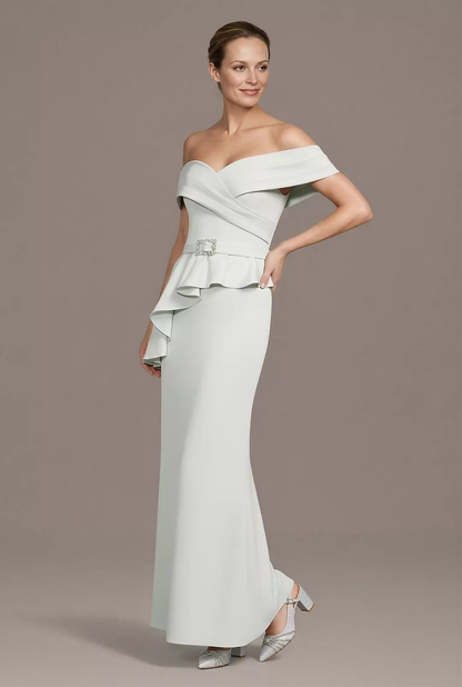 Sophisticated Off-the-Shoulder Mother of the Bride Dress with Ruffle Peplum and Rhinestone Belt