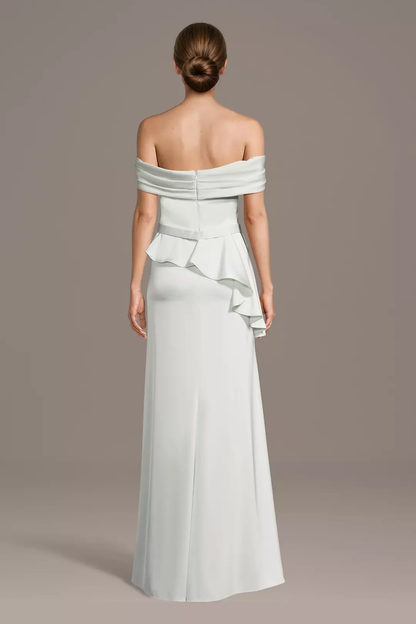 Sophisticated Off-the-Shoulder Mother of the Bride Dress with Ruffle Peplum and Rhinestone Belt