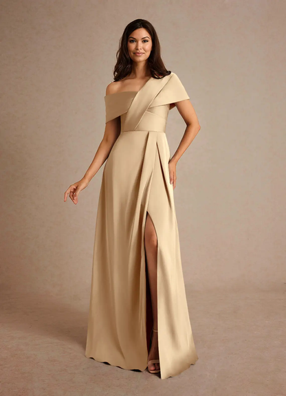 Sophisticated Satin Asymmetrical One-Shoulder Pleated Side Slit Zipper Back Floor-Length Mother of the Bride Dress