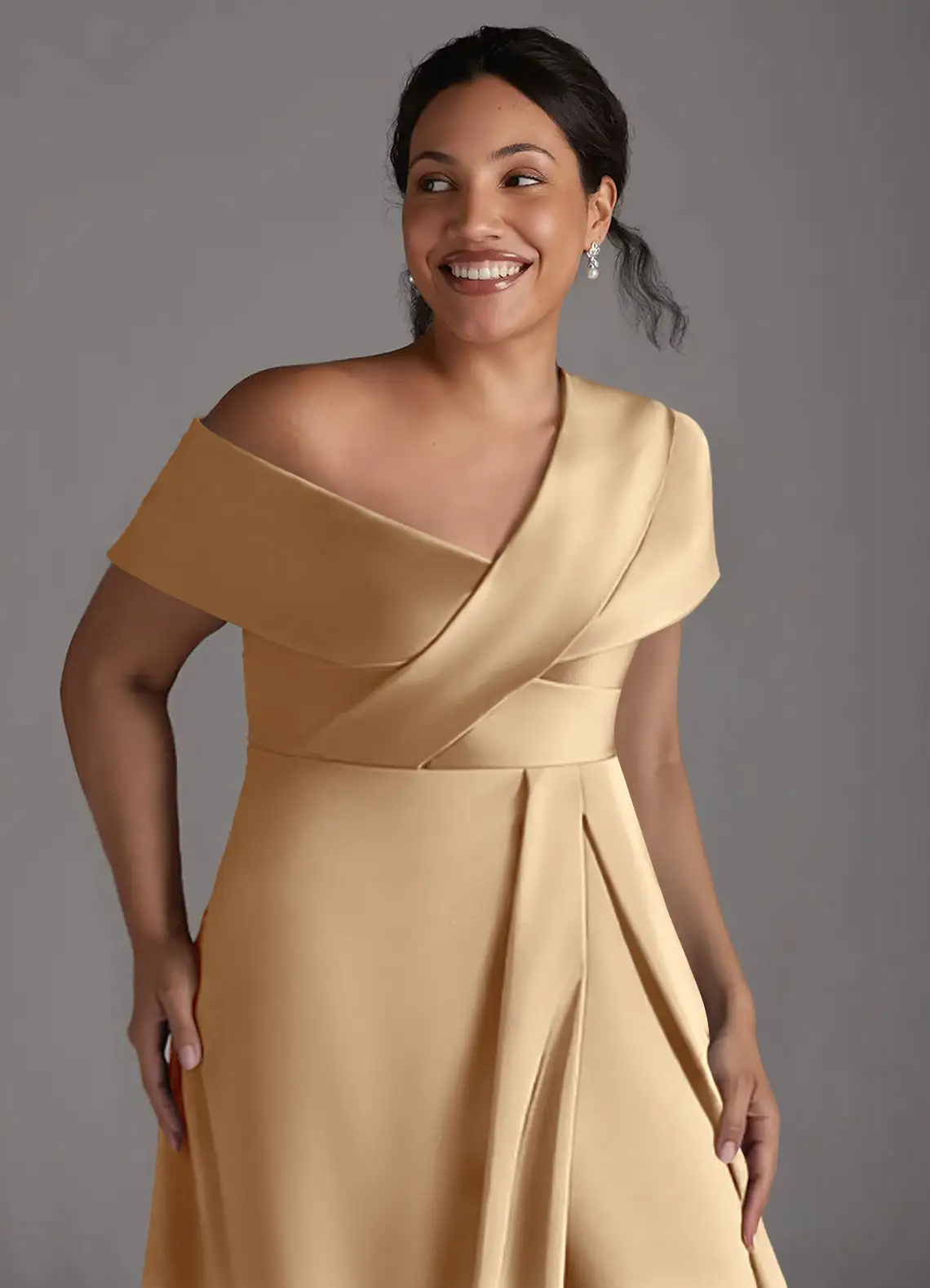 Sophisticated Satin Asymmetrical One-Shoulder Pleated Side Slit Zipper Back Floor-Length Mother of the Bride Dress