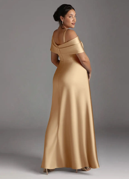 Sophisticated Satin Asymmetrical One-Shoulder Pleated Side Slit Zipper Back Floor-Length Mother of the Bride Dress