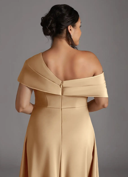 Sophisticated Satin Asymmetrical One-Shoulder Pleated Side Slit Zipper Back Floor-Length Mother of the Bride Dress