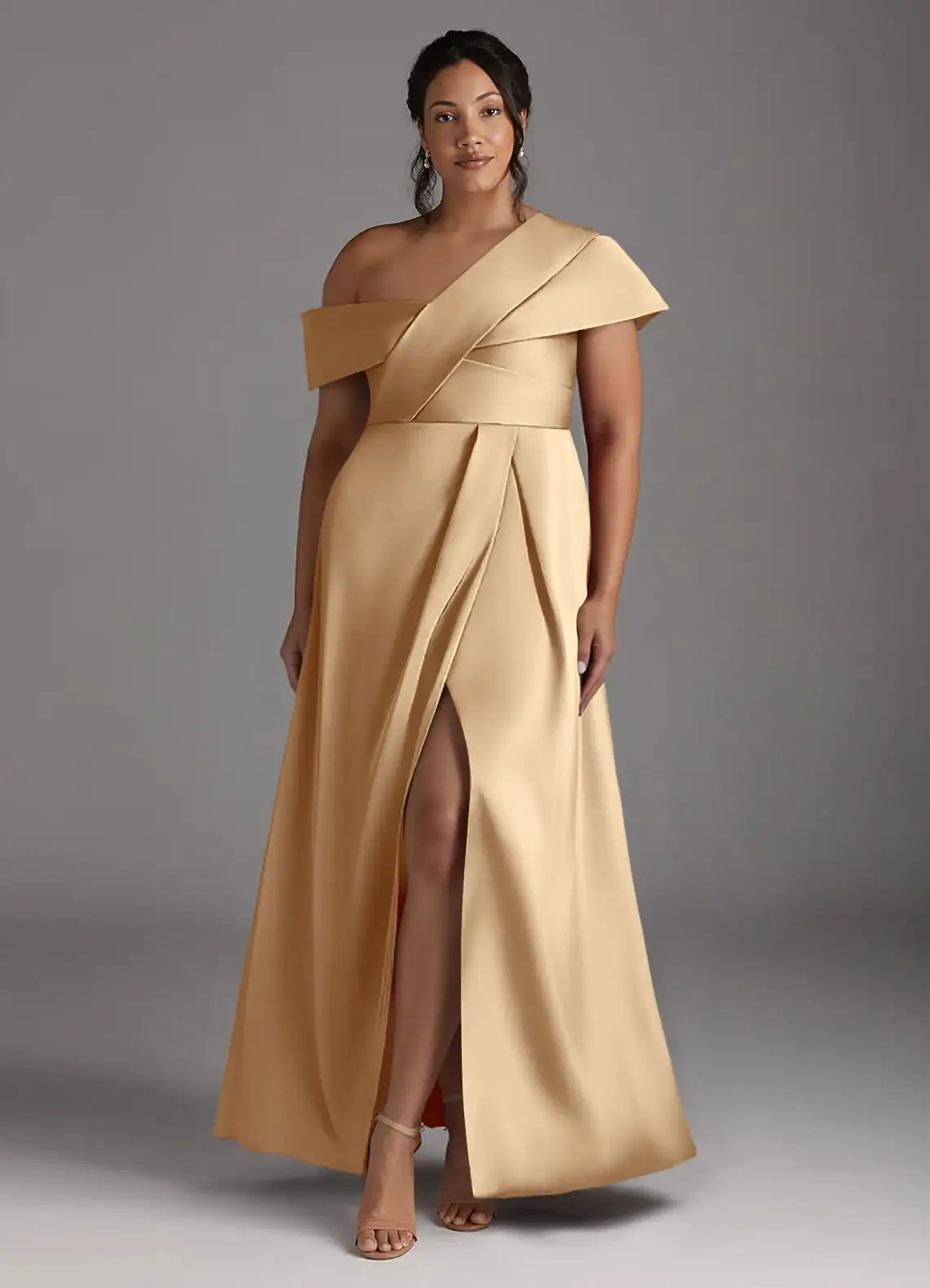 Sophisticated Satin Asymmetrical One-Shoulder Pleated Side Slit Zipper Back Floor-Length Mother of the Bride Dress