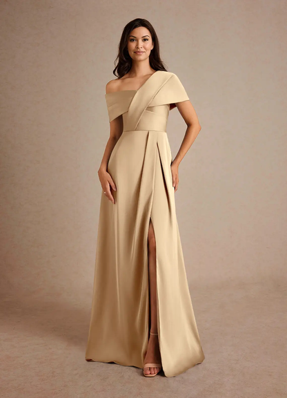 Sophisticated Satin Asymmetrical One-Shoulder Pleated Side Slit Zipper Back Floor-Length Mother of the Bride Dress