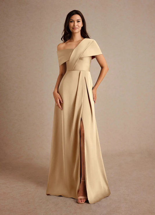 Sophisticated Satin Asymmetrical One-Shoulder Pleated Side Slit Zipper Back Floor-Length Mother of the Bride Dress