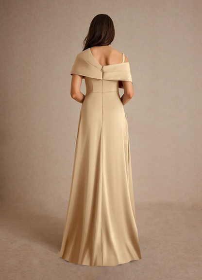 Sophisticated Satin Asymmetrical One-Shoulder Pleated Side Slit Zipper Back Floor-Length Mother of the Bride Dress