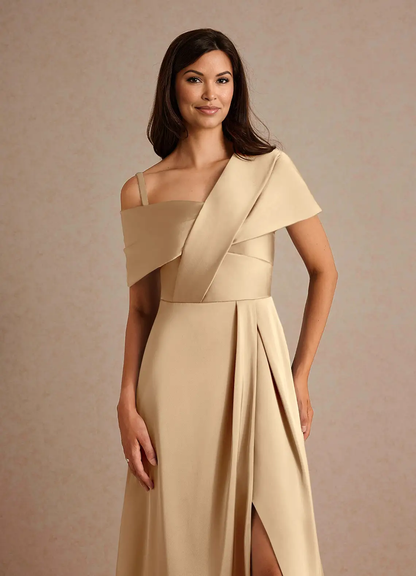 Sophisticated Satin Asymmetrical One-Shoulder Pleated Side Slit Zipper Back Floor-Length Mother of the Bride Dress