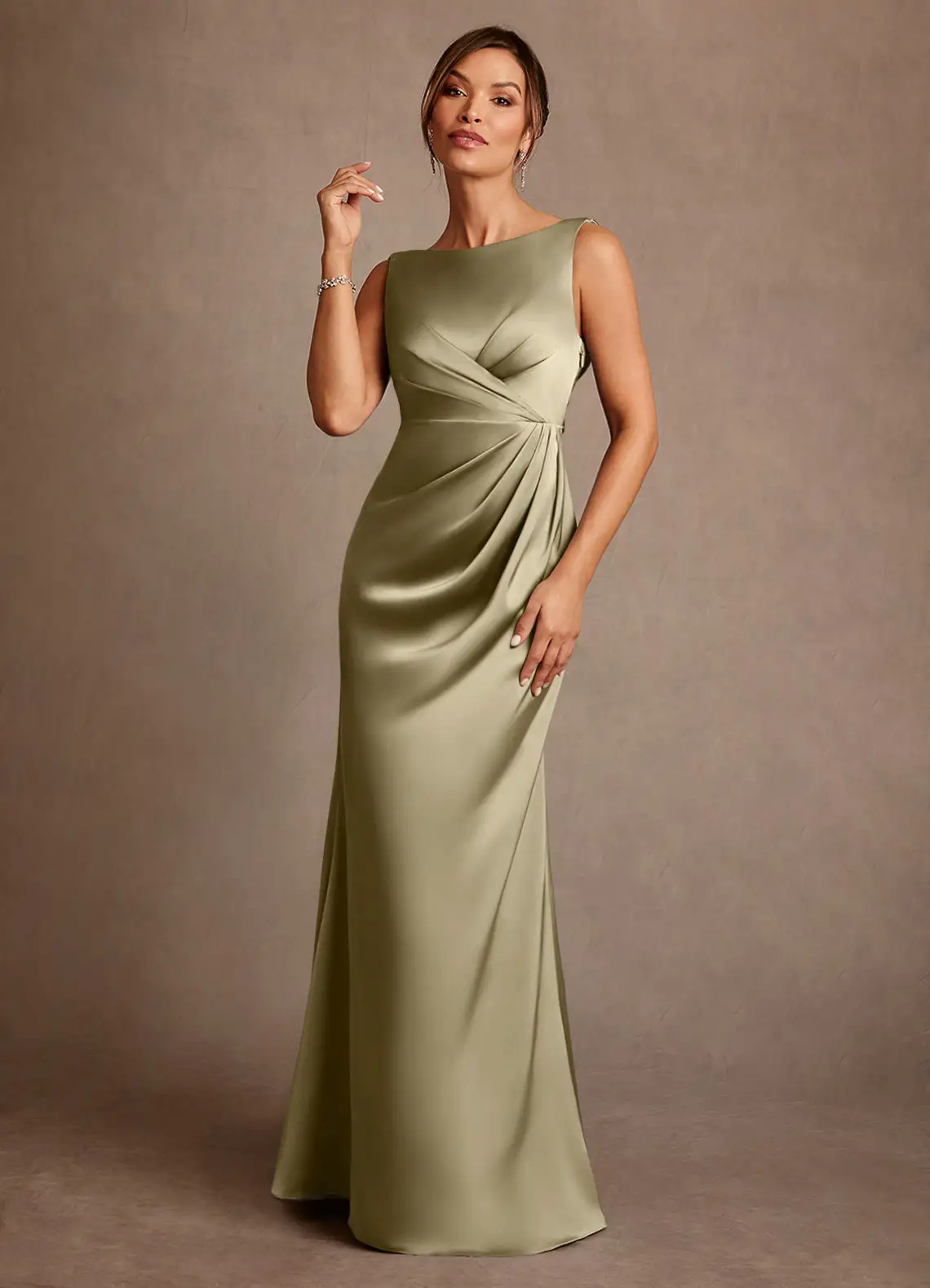 Sophisticated Satin Boat Neck Sleeveless Cowl Back Ruched Side Slit Floor-Length Mother of the Bride Dress