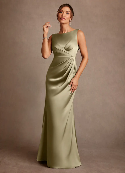 Sophisticated Satin Boat Neck Sleeveless Cowl Back Ruched Side Slit Floor-Length Mother of the Bride Dress