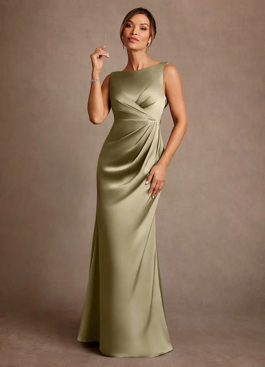 Sophisticated Satin Boat Neck Sleeveless Cowl Back Ruched Side Slit Floor-Length Mother of the Bride Dress