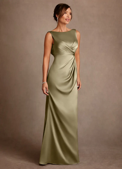 Sophisticated Satin Boat Neck Sleeveless Cowl Back Ruched Side Slit Floor-Length Mother of the Bride Dress