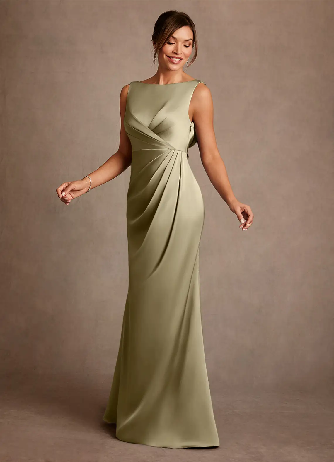 Sophisticated Satin Boat Neck Sleeveless Cowl Back Ruched Side Slit Floor-Length Mother of the Bride Dress