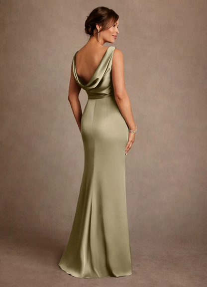 Sophisticated Satin Boat Neck Sleeveless Cowl Back Ruched Side Slit Floor-Length Mother of the Bride Dress