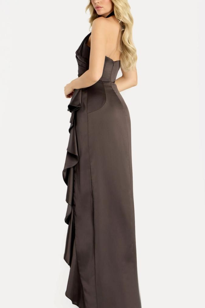 Sophisticated Satin Form-Fitting Halter Neck Sleeveless Ruffled Side Slit Floor-Length Evening Dress for Formal Events