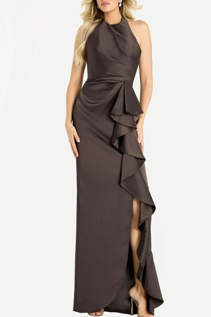 Sophisticated Satin Form-Fitting Halter Neck Sleeveless Ruffled Side Slit Floor-Length Evening Dress for Formal Events