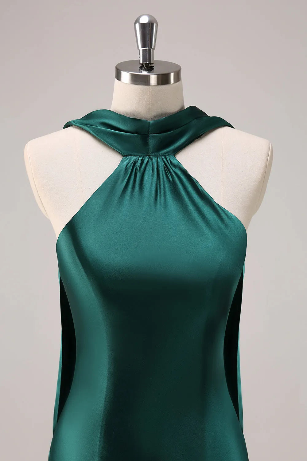 Sophisticated Satin Sheath Halter Neck Tie Detail Sleeveless Zipper Back Floor-Length Formal Evening Dresses