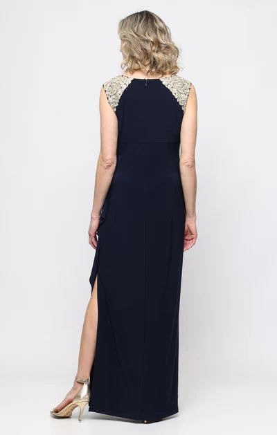 Sophisticated Sheath Boat Neck Sleeveless Lace Applique Zip Back Side Slit Maxi Mother Of The Bride Dress